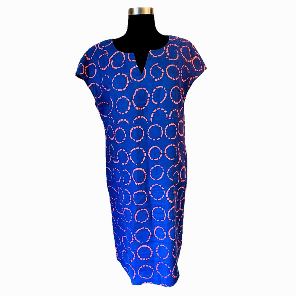 Boden 100% Linen Shift Dress Womens 8L Blue Pink Circle Print V Neck